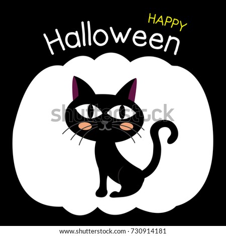 Cute Happy Halloween design concept with sitting black cat on pumpkin silhouette background for poster, banner, party invitation, greeting card. Vector Illustration.