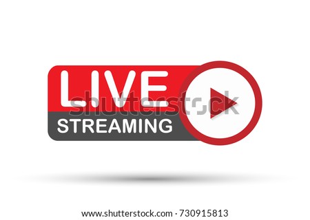 Live streaming flat logo - red vector design element with play button. Vector stock illustration Royalty-Free Stock Photo #730915813