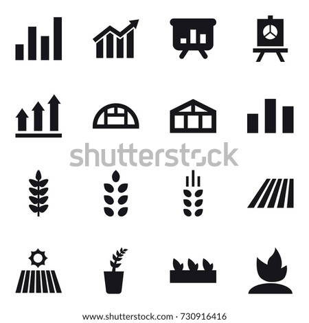 16 vector icon set : graph, diagram, presentation, graph up, greenhouse, spikelets, field, seedling, sprouting