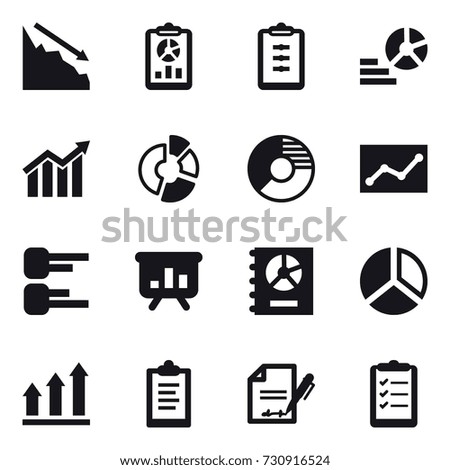 16 vector icon set : crisis, report, clipboard, diagram, circle diagram, statistic, presentation, annual report, graph up, clipboard list