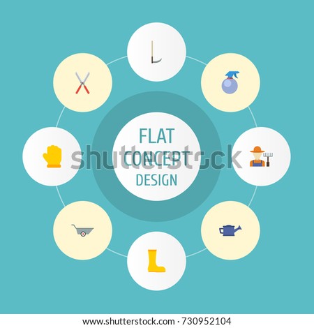 Flat Icons Rubber Boots, Wheelbarrow, Grower And Other Vector Elements. Set Of Gardening Flat Icons Symbols Also Includes Gumboots, Fruiter, Cutter Objects.