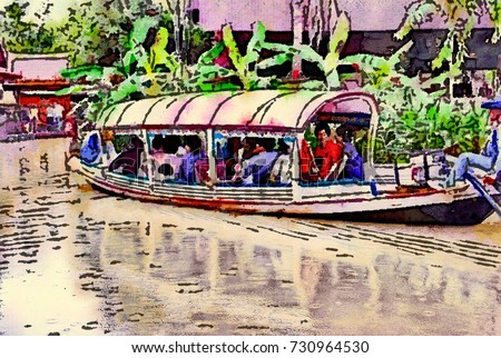 scenery of ayothaya floating market and showing traditional performances, landmark travel of thailand asia concept,sketch drawings,oil pastel,watercolor brush painting colorful illustration background