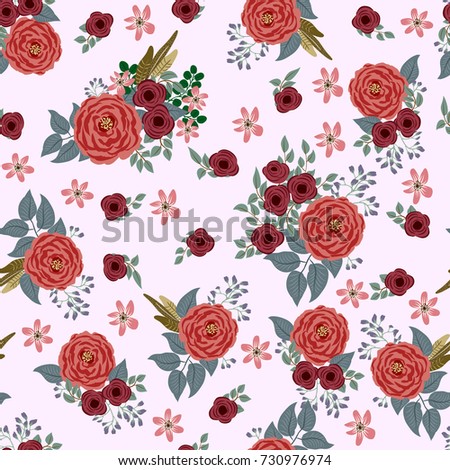 Fashion seamless pattern with feathers, antique roses in a native folk bohemian style for a stylish fabrics, prints, textile, wallpaper. Trendy floral print. Boho chic millefleurs