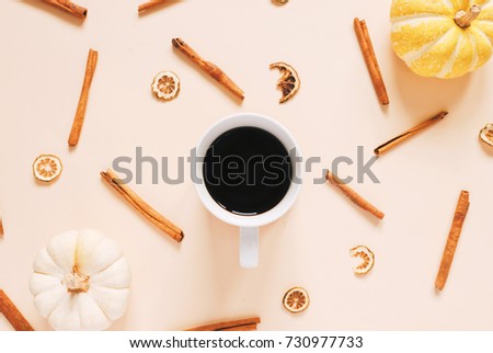 Flat lay style of autumn and thanksgiving concept with coffee, pumpkins and cinnamon sticks on pastel color, top view 