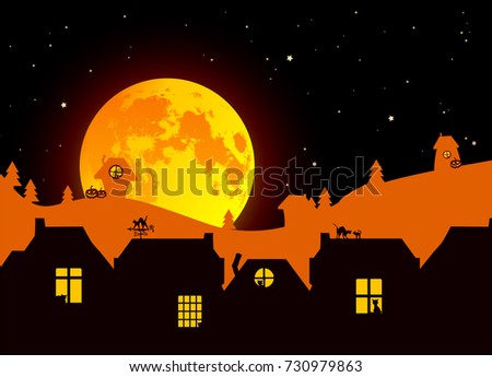 Vector illustration: Fairy tale Halloween landscape with realistic full moon, village landscape silhouettes on fading background made in layers with cats in windows. Orange moon. Halloween night.