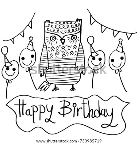 set of owls HAPPY BIRTH DAY ,Vector hand drawn Owl sitting on branch. Black and white illustration for coloring book, tattoo, poster, print, t-shirt, cartoon doodle