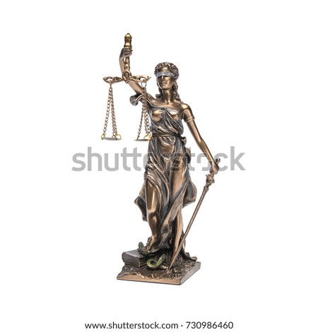 The Statue of Justice - lady justice or Iustitia isolated on white background Royalty-Free Stock Photo #730986460