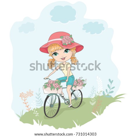 Little cute girl with bicycle vector illustration