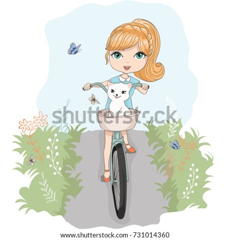 Little cute vector girl with bicycle vector design.
