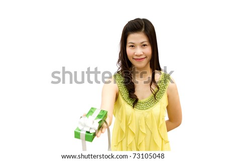 Happy teenage girl with gift box over white background