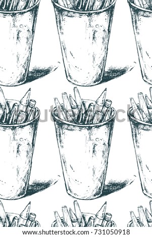 Seamless texture, Repeating background, Tiled pattern. Stand for pencils and pens. Stationery, educational atmosphere. A glass with writing accessories.