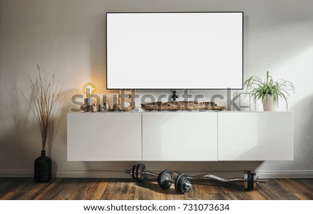 loft apartment living room with Modern 4K smart TV  Royalty-Free Stock Photo #731073634