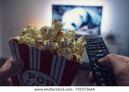 Male hand holding TV remote control and popcorn box, Point of view shot Royalty-Free Stock Photo #731073664