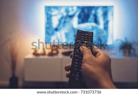 man Watching movie and using remote control  Royalty-Free Stock Photo #731073736