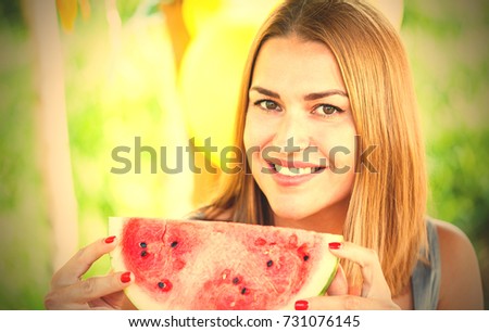woman with watermelon. close-up, portrait. manicure. summer, party, picnic. instagram image filter retro style