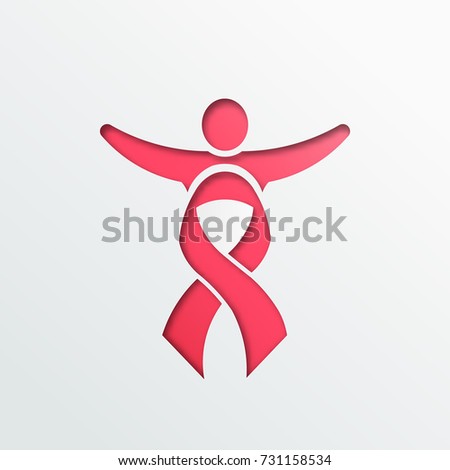 Breast Cancer Awareness People Pink Ribbon Paper Cut Effect on White Background.