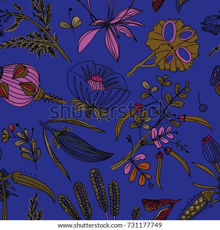 Seamless background with a floral pattern. Wildflowers, plants, leaves. Pattern for textiles