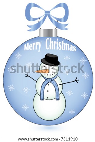 Merry Christmas and snowman on round ornament with blue ribbon bow.