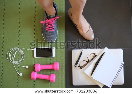 female workout and work at home to balance life . active fitness to play on healthy and strong body with laptop , mat,weight ,mobile phone and sneakers.
