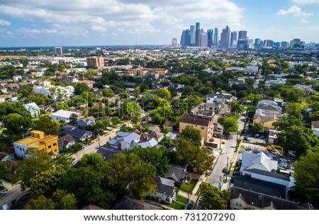West of downtown suburb near Montrose with the downtown skyline of Houston , Texas in the distance
