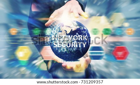 Network security in data center, Business man protect the digital world for secure network in server room : Elements of this image furnished by NASA