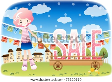 Enjoy Shopping - a cute and pretty girl with happy pink message(selling merchandise at a substantial reduction) on a hand cart with background of bright blue sky and green field : vector illustration
