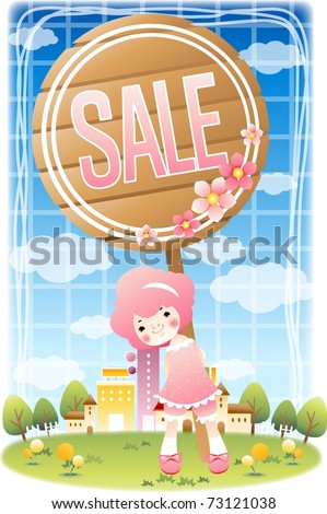 Enjoy Shopping - a pretty young girl with happy pink message(selling merchandise at a substantial reduction) on wooden board of circle with background of blue sky and green field : vector illustration