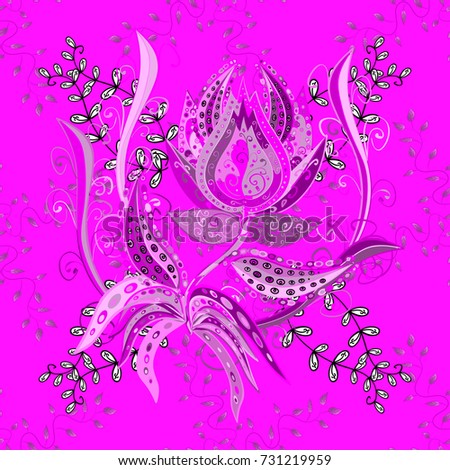 Floral seamless pattern with watercolor hand drawn elements. Bright colorful fantasy flowers, leaves, buds on magenta, pink and purple colors with magenta, pink and purple.