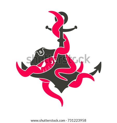 Pirate Octopus and anchor. filibuster devilfish and ship armature. Vector illustration
