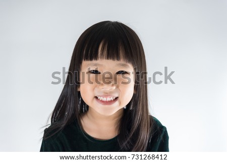 Portrait of happy little asian girl smiling, Asian child isolated on white background.