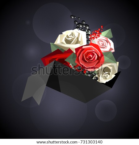 Ribbon for text and flower bouquet consisting of roses, decorative branches in low poly style. Raster illustration. Dark background with sparkles