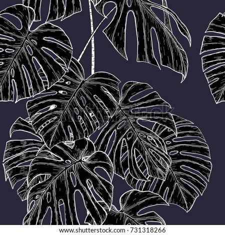 Monstera pattern by hand drawing.Monstera vector seamless on vintage background.Vector leaves art highly detailed in line art style.