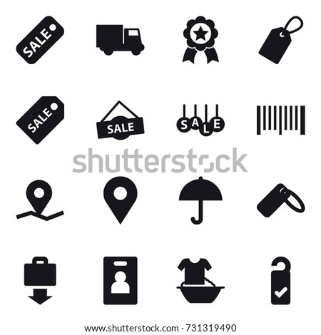 16 vector icon set : sale, truck, medal, label, sale label, barcode, baggage get, identity card, handle washing, please clean