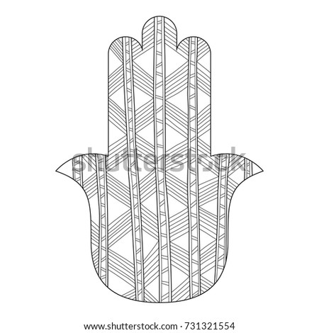 Hamsa hand drawn symbol. Black and white illustration for coloring page. Decorative amulet for good luck and prosperity