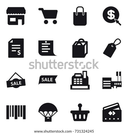 16 vector icon set : shop, cart, shopping bag, dollar arrow, account balance, shopping list, label, sale, cashbox, mall, credit card