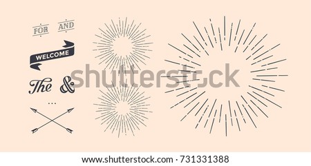 Set of light rays, sunburst and rays of sun. Design elements, linear drawing, vintage hipster style. Light rays sunburst, arrow, ribbon, and, for, the and ampersand. Vector Illustration Royalty-Free Stock Photo #731331388