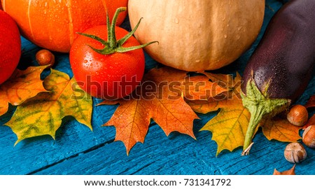 Image of blue wooden table with autumn leaves, pumpkin, tomato, eggplant