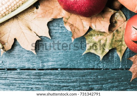 Toned picture of tomato, pomegranate, autumn leaves on blue wooden background