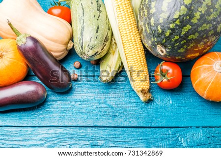 Tinted photo of blue wooden table with autumn vegetables, blank space for recording