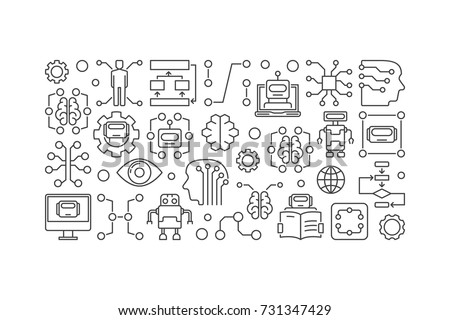 Cyberbrain and artificial intelligence vector banner or illustration in thin line style on white background