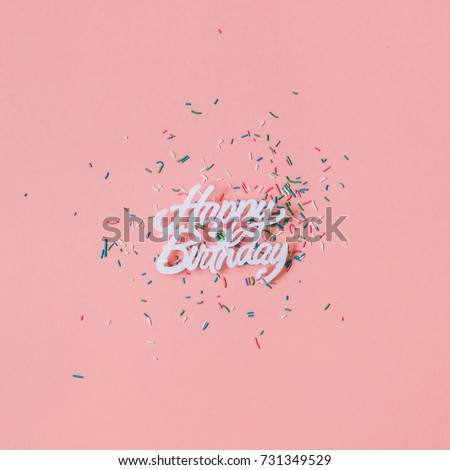 greetings of happy birthday on a pink background with confetti