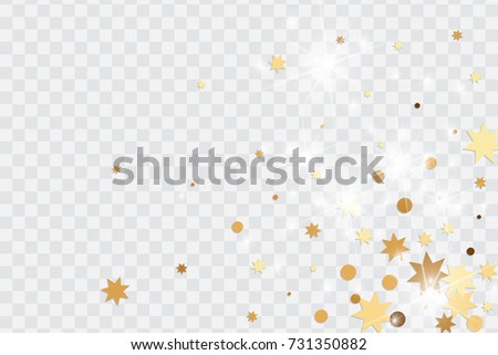 Vector golden isolated confetti on transparent backdrop. Falling stars, tinsels and confetti background. Minimalistic geometrical dots and ribbons. Flat glitter. Celebration card pattern.