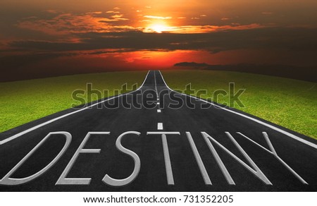 Asphalt road and landscape background with destiny words, Business concept photo. Royalty-Free Stock Photo #731352205