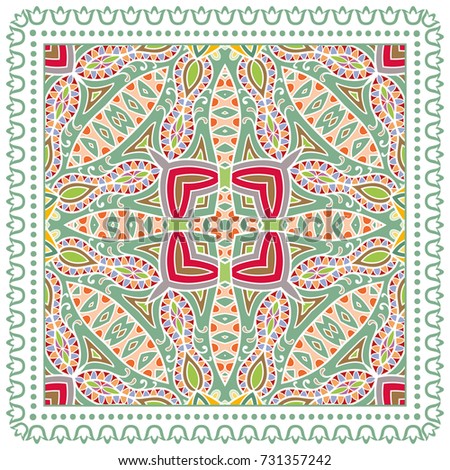 Decorative colorful background, geometric floral doodle pattern with ornate lace frame. Tribal ethnic mandala ornament. Bandanna shawl, tablecloth fabric print, silk neck scarf, kerchief design