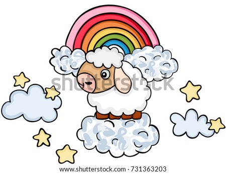 Cute sheep on sky with clouds and rainbow
