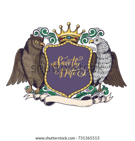 Hand drawn crest illustration with owl, hawk, crown, shield