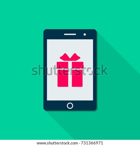 Smartphone with gift on monitor icon, flat design illustration with long shadow. Vector.