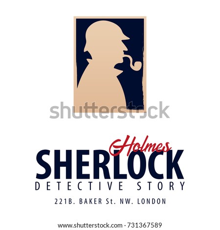Sherlock Holmes logo or emblem. Detective illustration. Illustration with Sherlock Holmes. Baker street 221B. London. Big Ban Royalty-Free Stock Photo #731367589