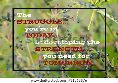 Quotes of "the struggle you're today is developing the strength you need for tomorrow". Blurred background.