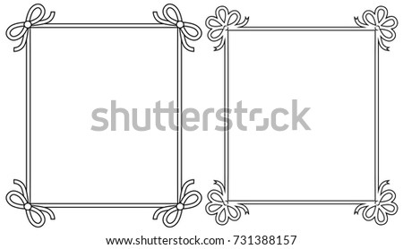 Ornamental frames with vintage decor elements, decorative bows vector illustration in linear style isolated on white background, colorless photoframes